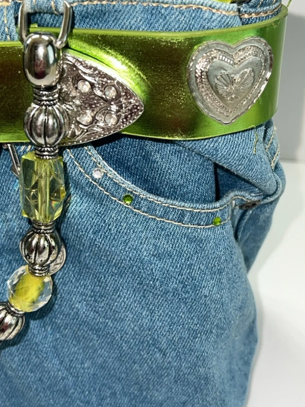 NWT MINGHAOS Denim Bag With Lime Green Belt and Beaded Handles - Picture 3 of 14